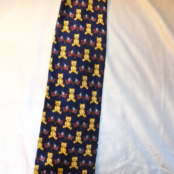 BeauFort Tie Rack Silk Made In Italy Teddy Bear and USA Flags - Picture 1 of 5